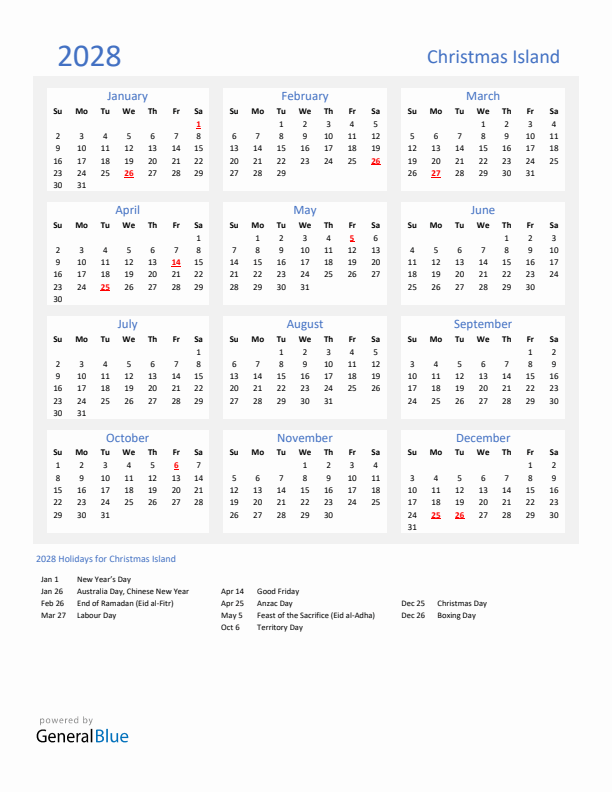 Basic Yearly Calendar with Holidays in Christmas Island for 2028 