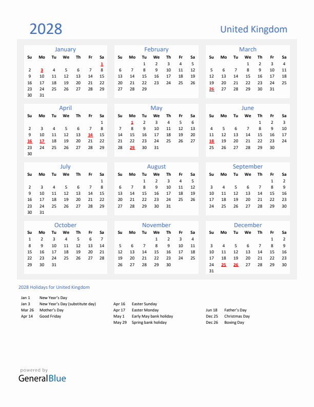 Basic Yearly Calendar with Holidays in United Kingdom for 2028 