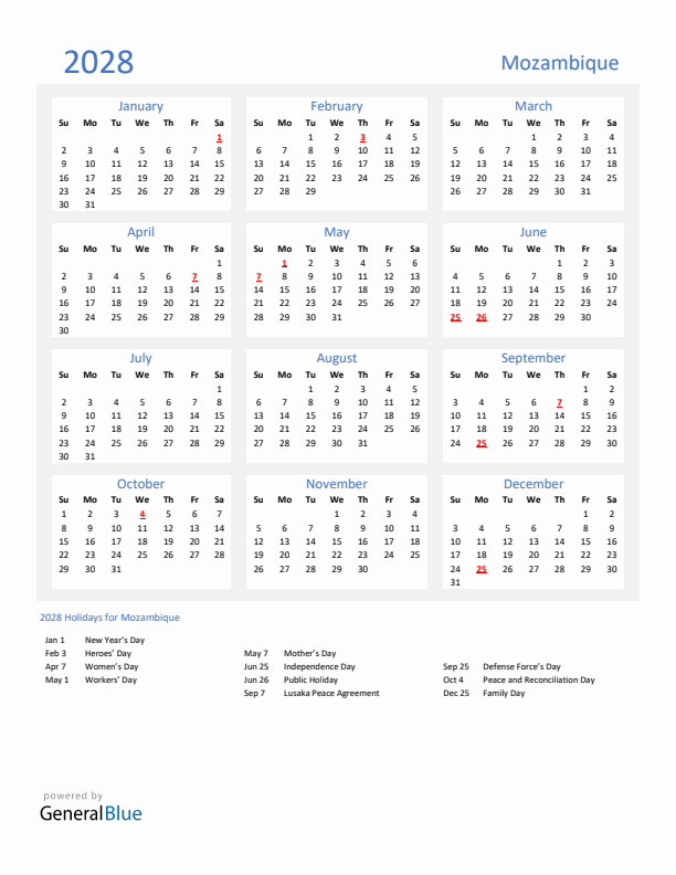 Basic Yearly Calendar with Holidays in Mozambique for 2028 