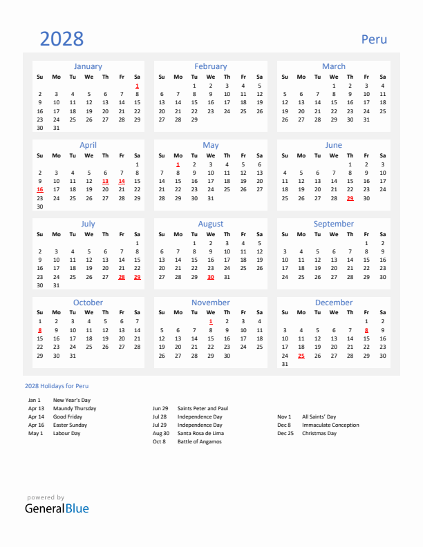 Basic Yearly Calendar with Holidays in Peru for 2028 