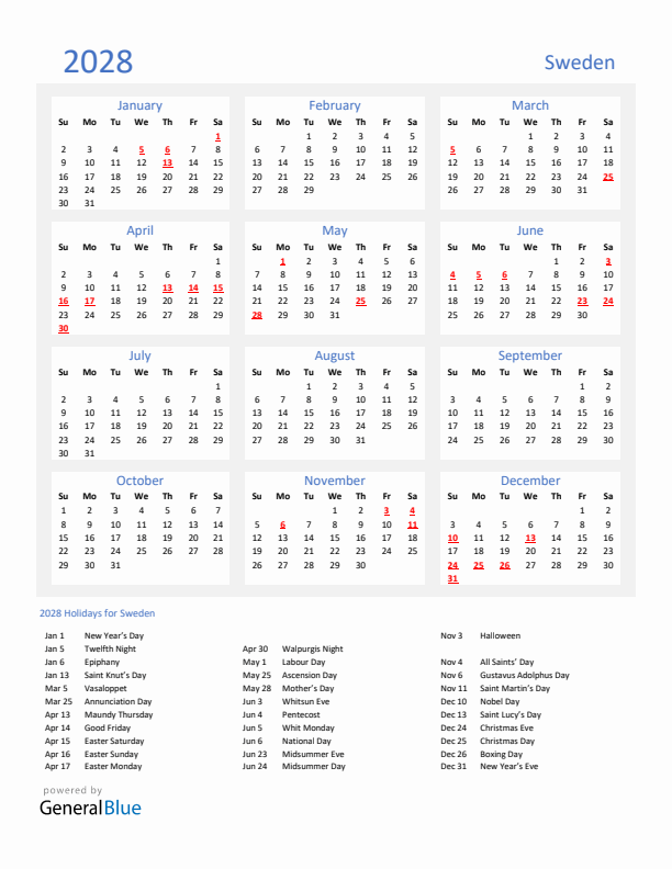 Basic Yearly Calendar with Holidays in Sweden for 2028 