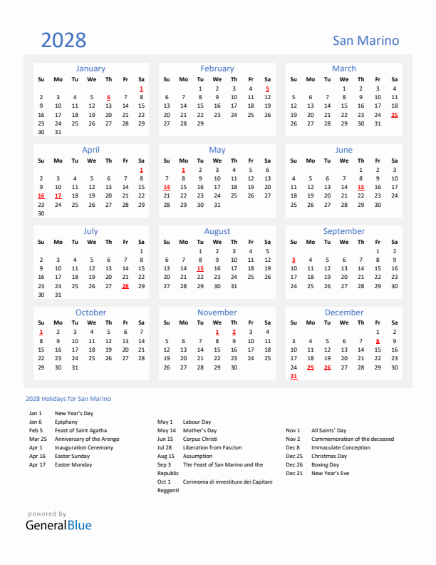 Basic Yearly Calendar with Holidays in San Marino for 2028 