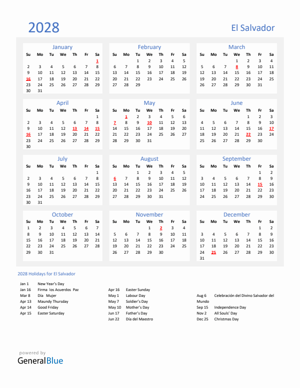 Basic Yearly Calendar with Holidays in El Salvador for 2028 