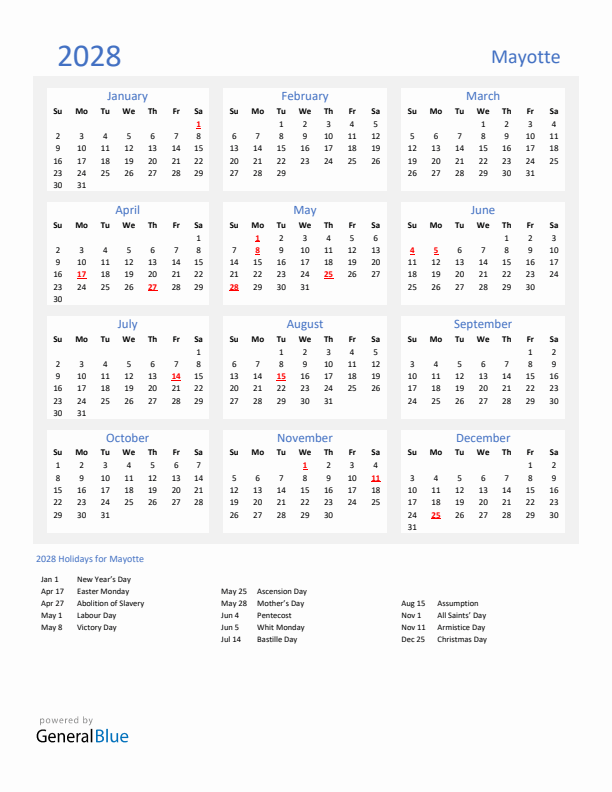 Basic Yearly Calendar with Holidays in Mayotte for 2028 