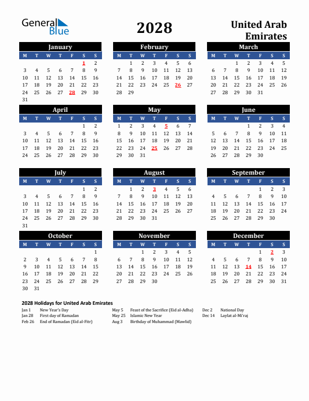 2028 United Arab Emirates Holiday Calendar