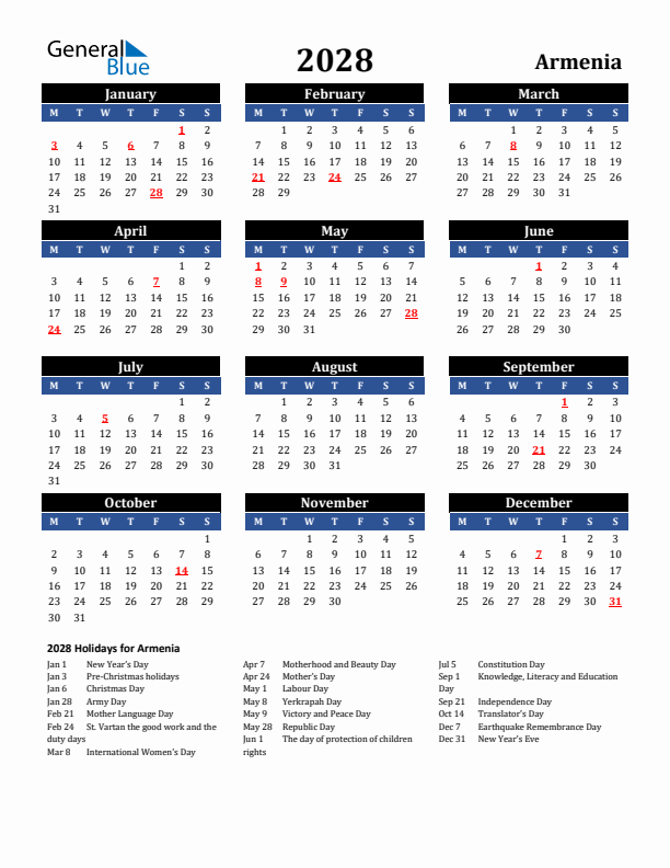 2028 Armenia Holiday Calendar