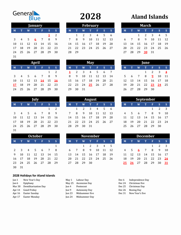 2028 Aland Islands Holiday Calendar