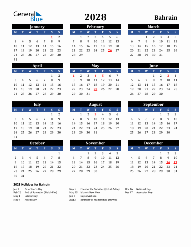 2028 Bahrain Holiday Calendar