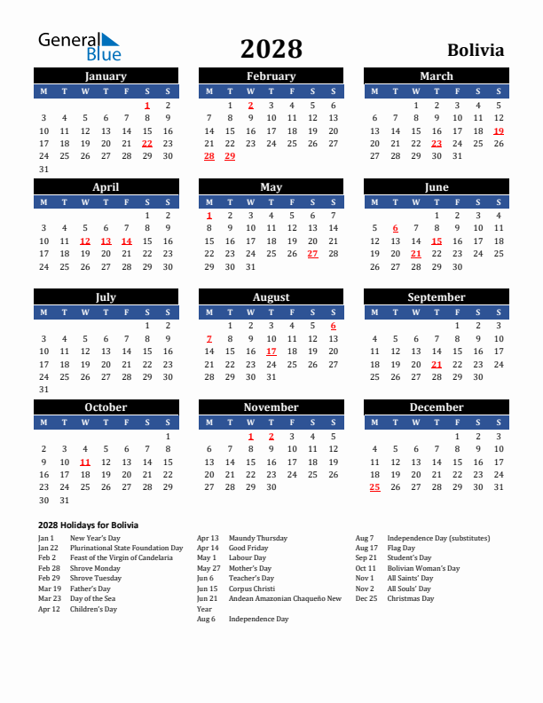 2028 Bolivia Holiday Calendar