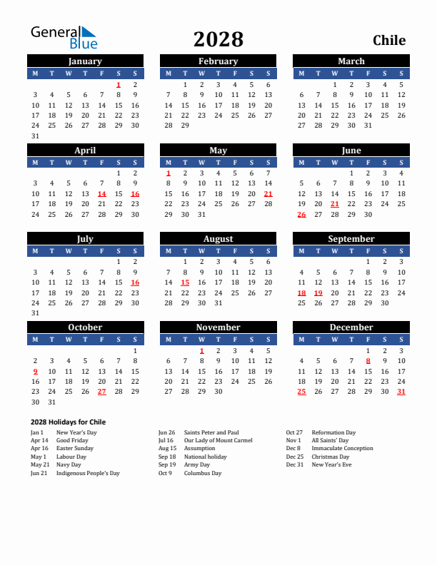 2028 Chile Holiday Calendar