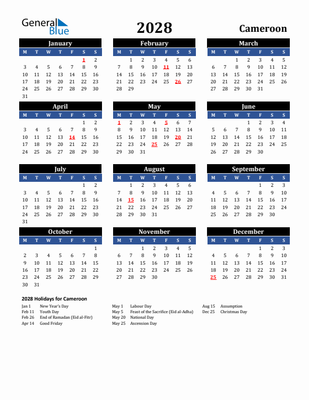 2028 Cameroon Holiday Calendar