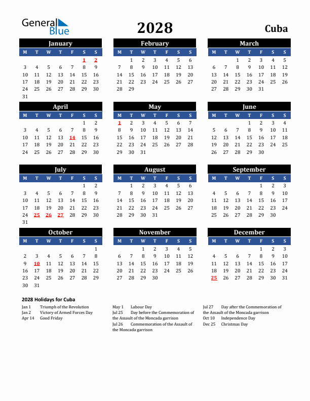 2028 Cuba Holiday Calendar