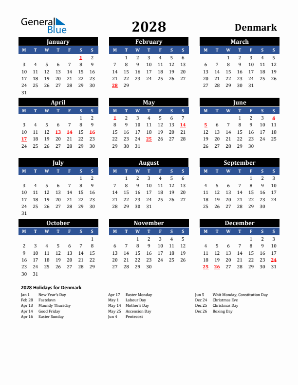 2028 Denmark Holiday Calendar