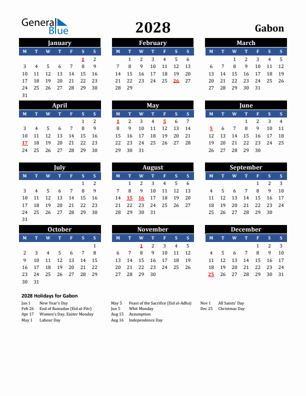 2028 Gabon Holiday Calendar