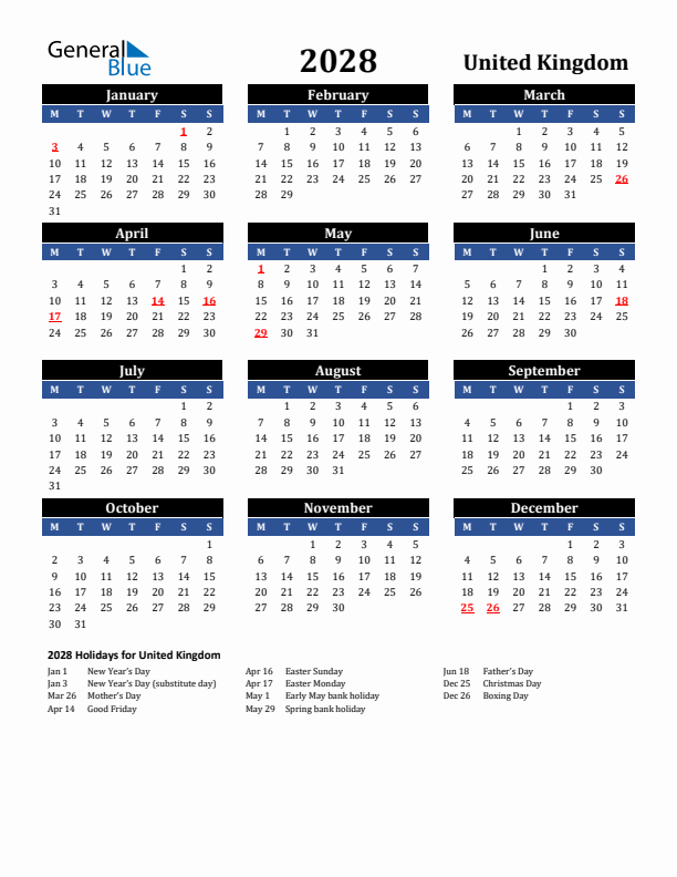 2028 United Kingdom Holiday Calendar