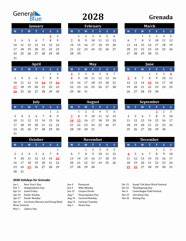 2028 Grenada Holiday Calendar