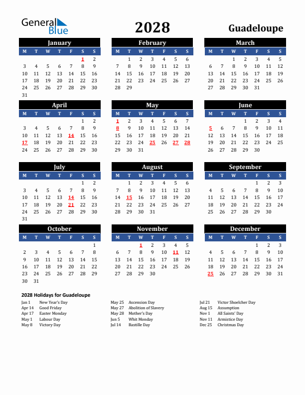 2028 Guadeloupe Holiday Calendar