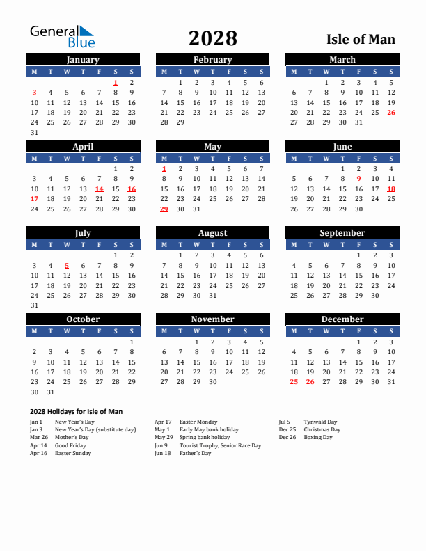 2028 Isle of Man Holiday Calendar