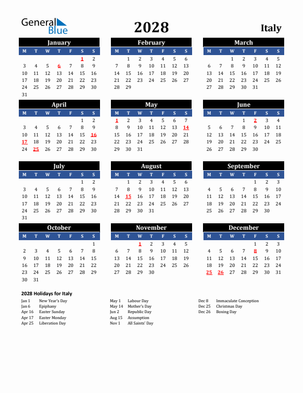 2028 Italy Holiday Calendar