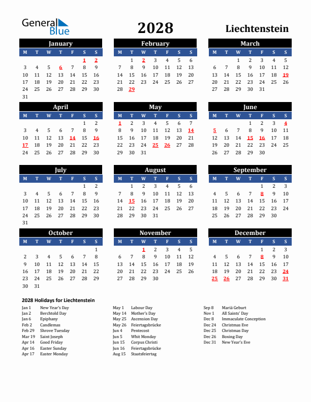 2028 Liechtenstein Holiday Calendar