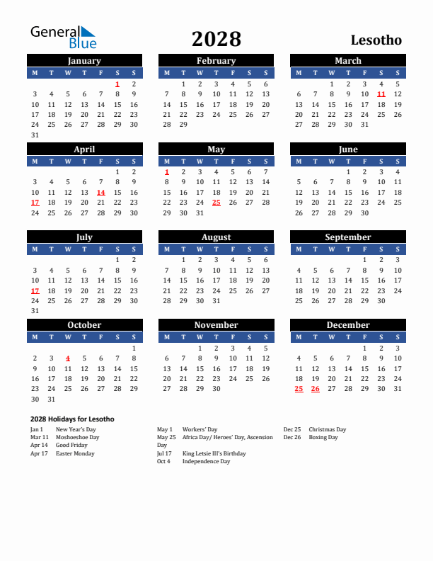 2028 Lesotho Holiday Calendar