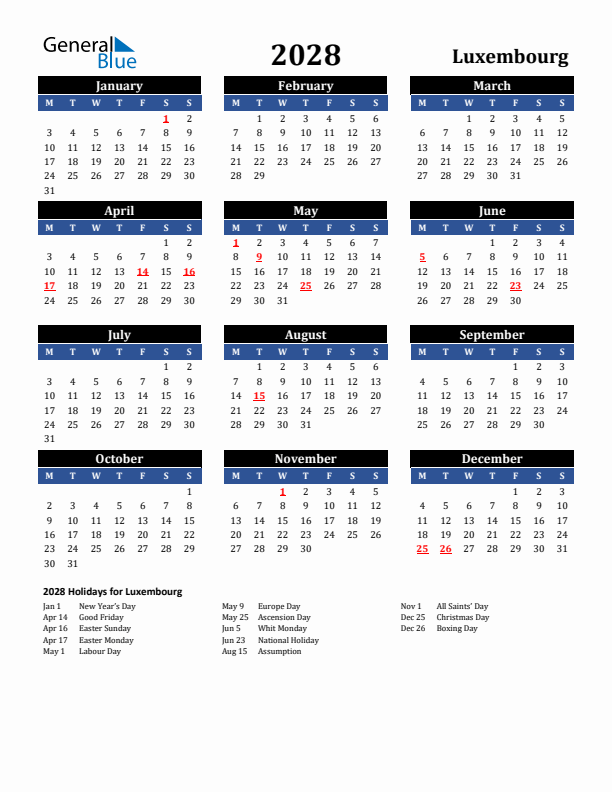 2028 Luxembourg Holiday Calendar