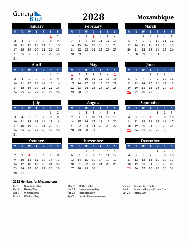 2028 Mozambique Holiday Calendar