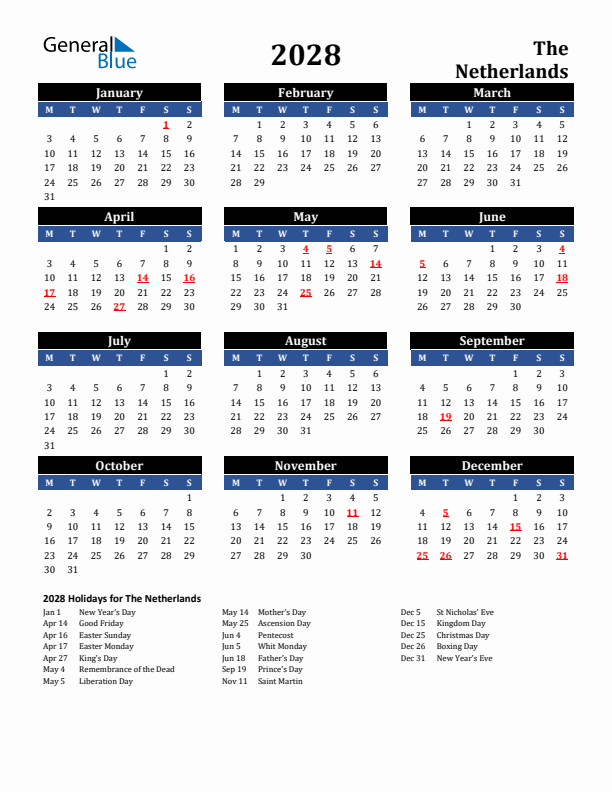 2028 The Netherlands Holiday Calendar