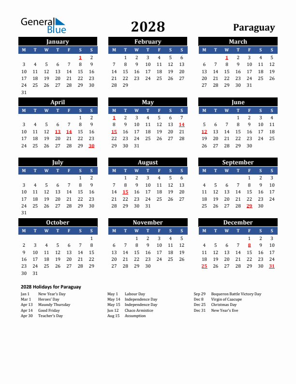 2028 Paraguay Holiday Calendar