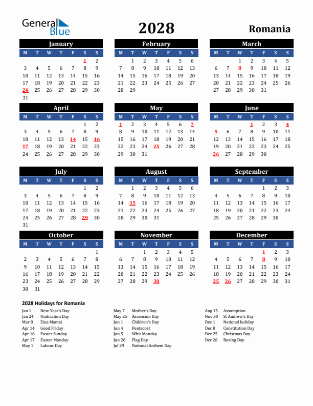 2028 Romania Holiday Calendar