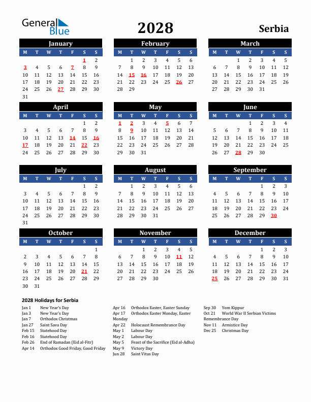 2028 Serbia Holiday Calendar