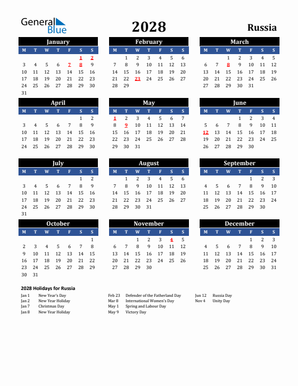 2028 Russia Holiday Calendar