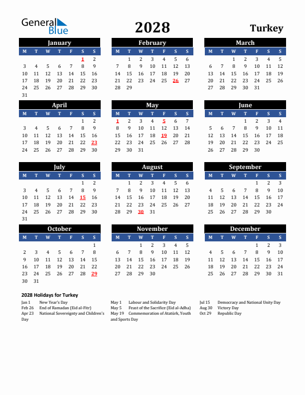 2028 Turkey Holiday Calendar