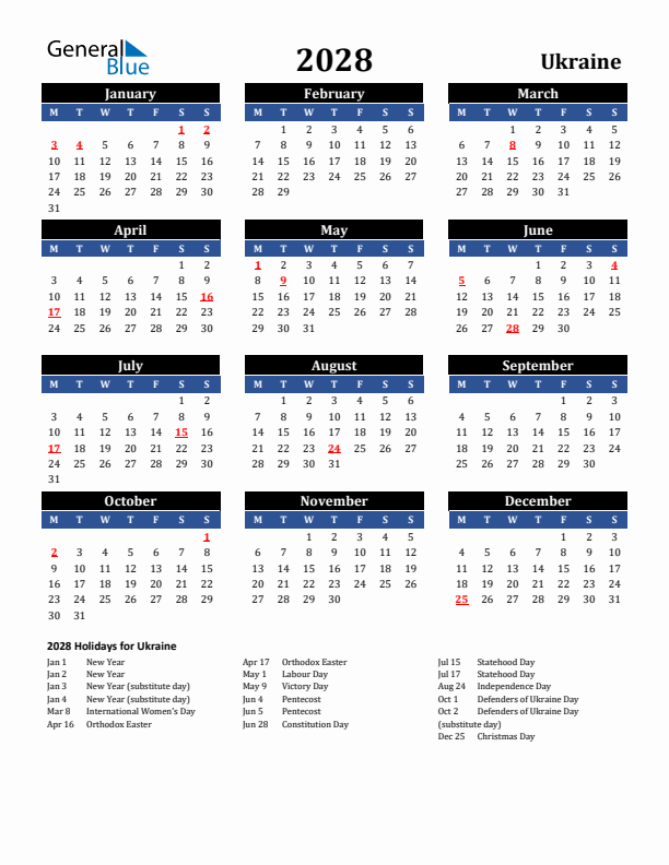 2028 Ukraine Holiday Calendar