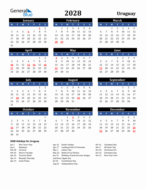 2028 Uruguay Holiday Calendar