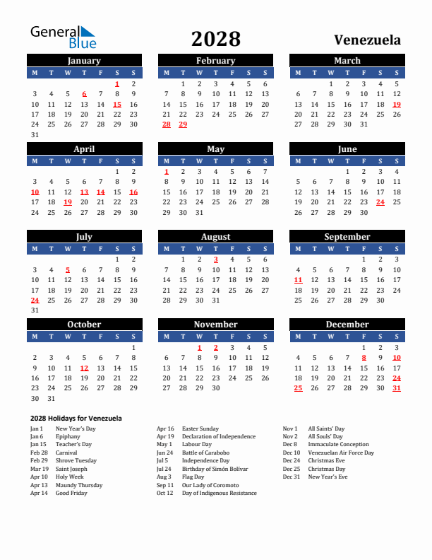 2028 Venezuela Holiday Calendar