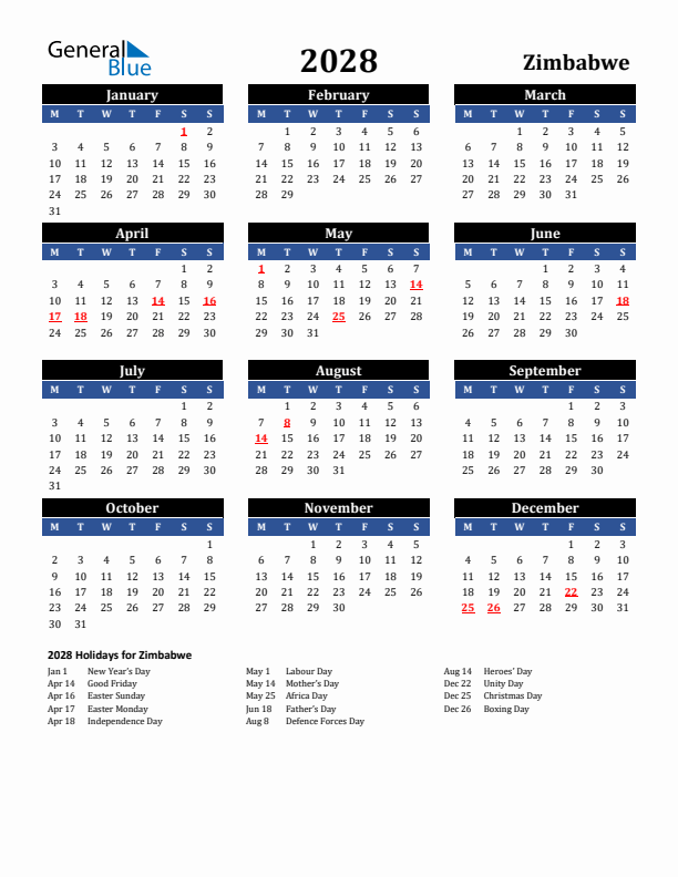 2028 Zimbabwe Holiday Calendar