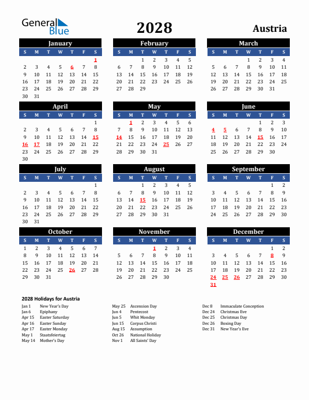 2028 Austria Holiday Calendar