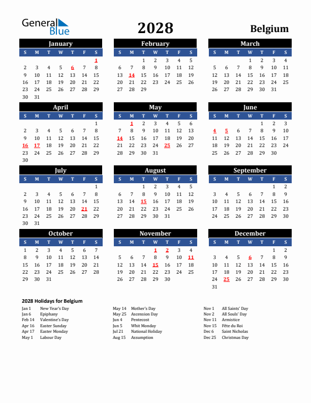 2028 Belgium Holiday Calendar