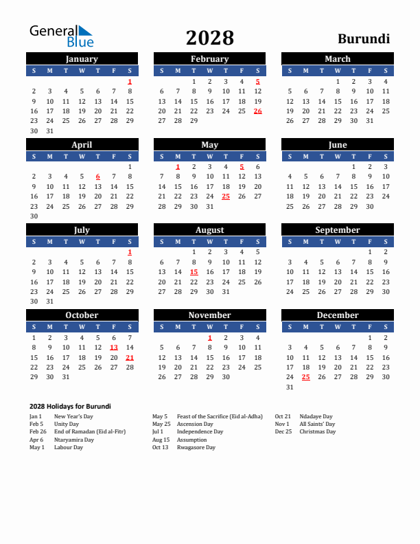 2028 Burundi Holiday Calendar