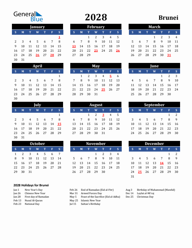 2028 Brunei Holiday Calendar