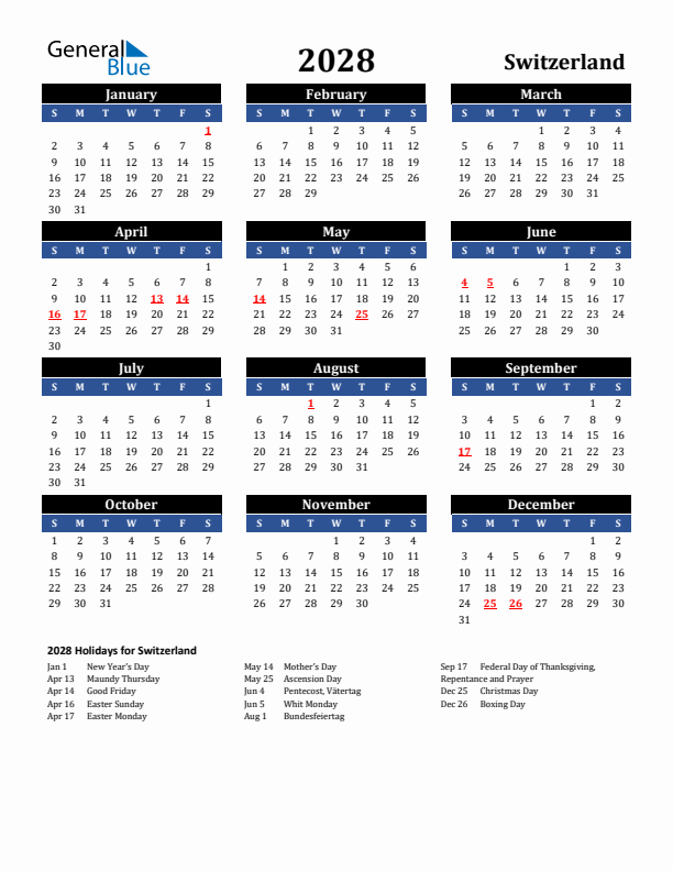 2028 Switzerland Holiday Calendar