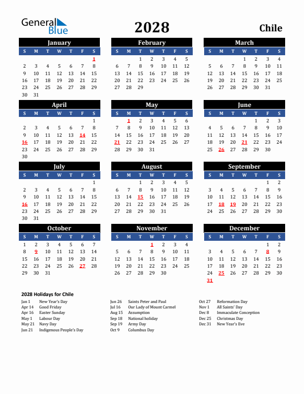 2028 Chile Holiday Calendar