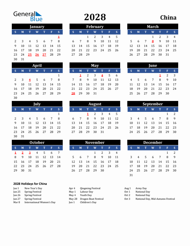 2028 China Holiday Calendar