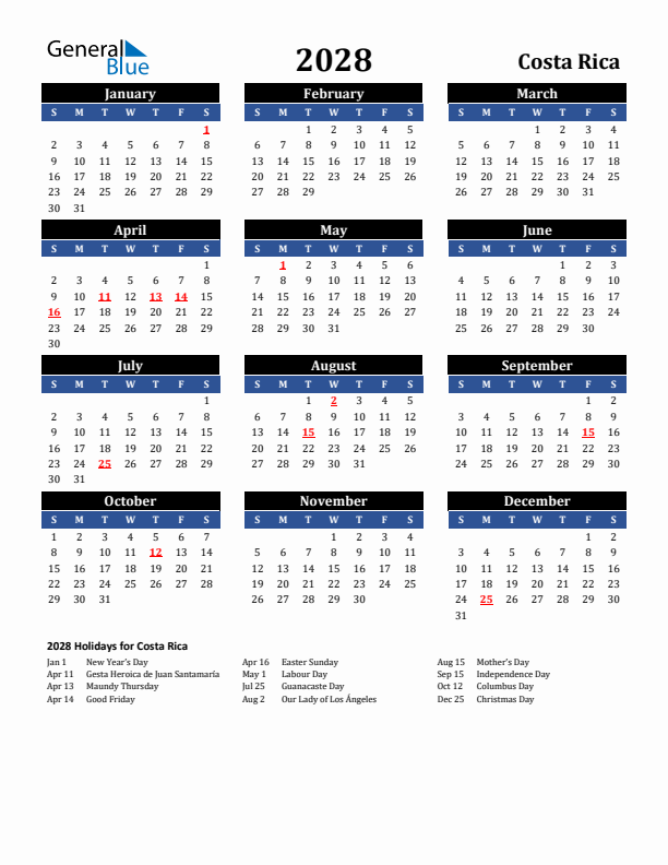 2028 Costa Rica Holiday Calendar