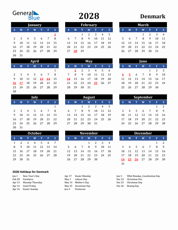 2028 Denmark Holiday Calendar