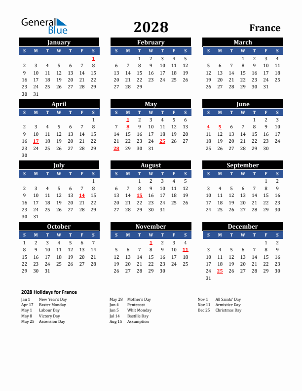 2028 France Holiday Calendar