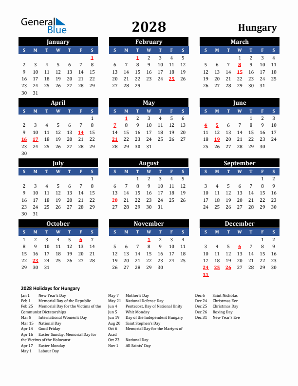 2028 Hungary Holiday Calendar