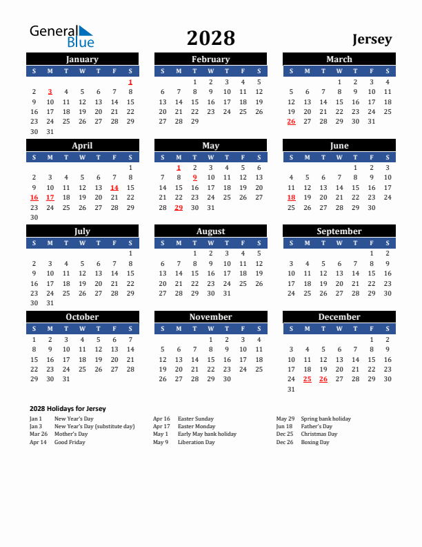 2028 Jersey Holiday Calendar