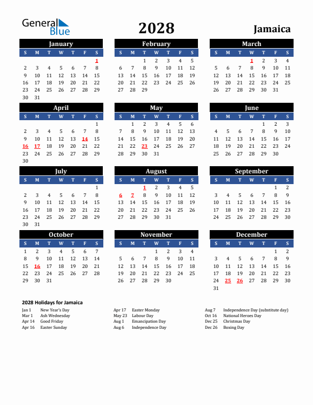 2028 Jamaica Holiday Calendar